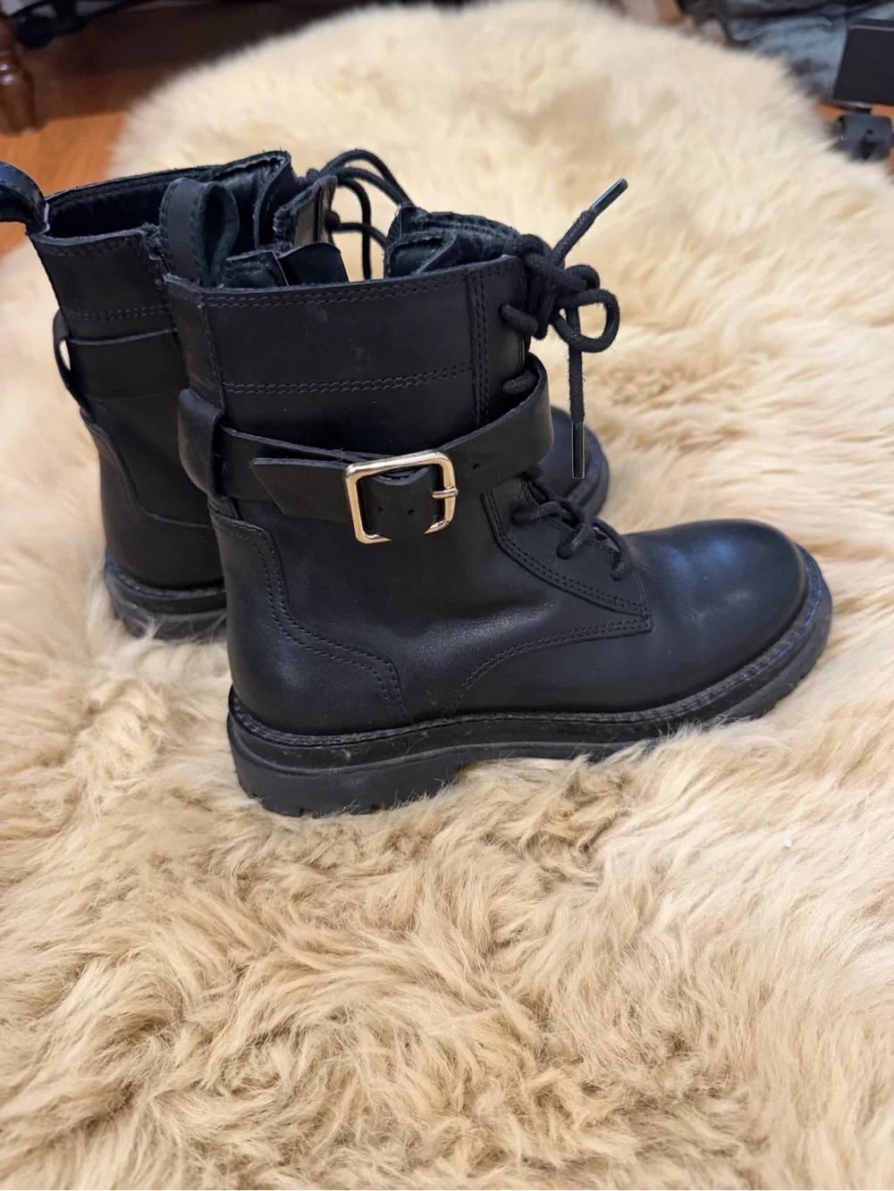 Zara Black Leather Combat Boots with Buckle